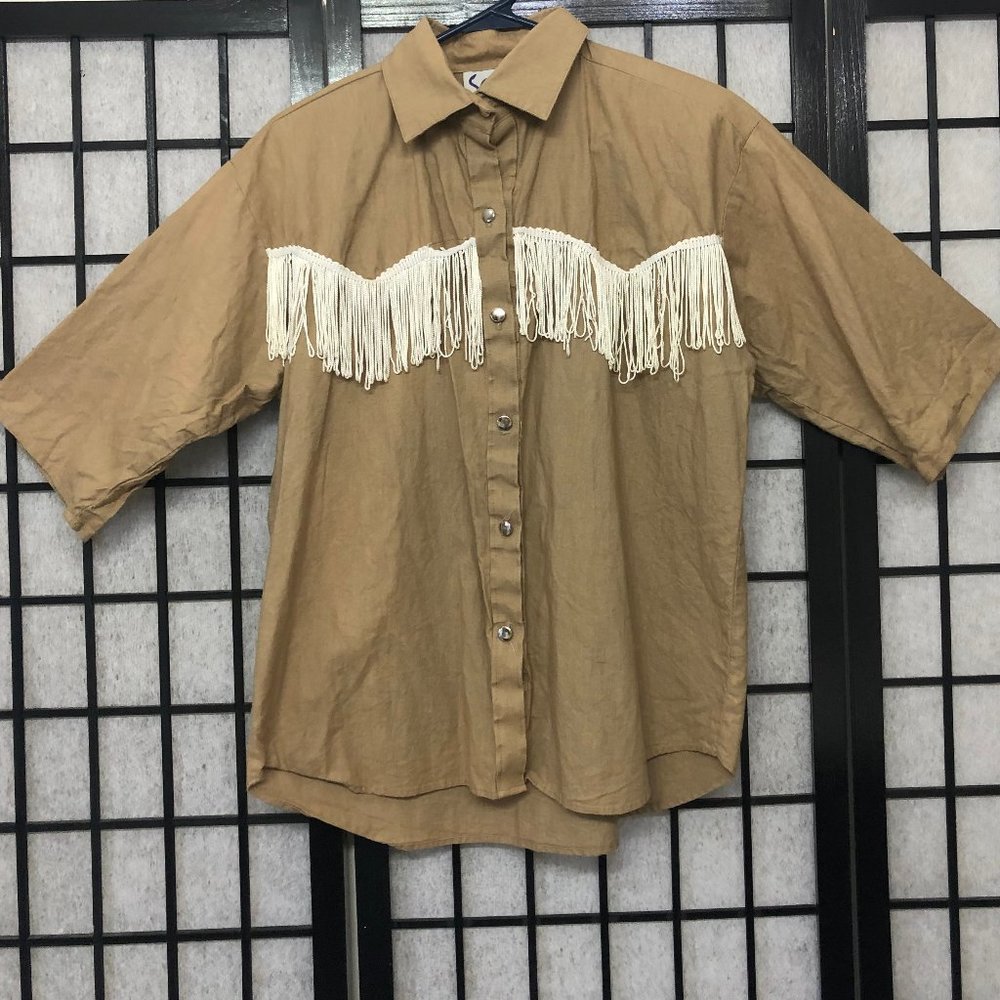 Vintage Western Shirt tan white Tassels Medium Cowgirl blouse Sas'sa Fun Cool B1